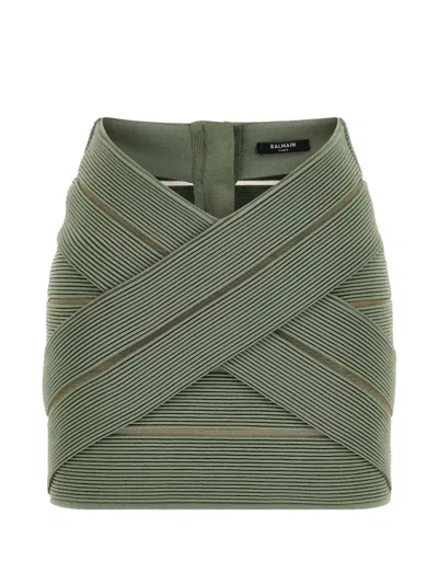 Balmain V-waist Mesh Insert Stretch Mini Skirt In Green