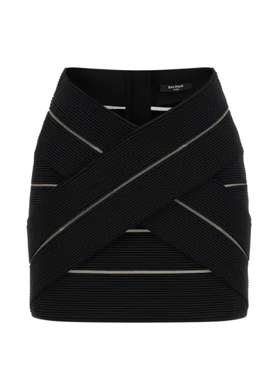 Balmain V-waist Mesh Insert Stretch Mini Skirt In Black