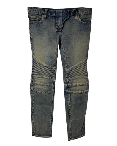 Balmain Washed Biker Jeans In Khaki Cotton In Green