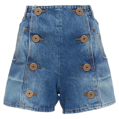 Balmain Washed Bronze Coin Button High Waisted Denim Shorts In Blue