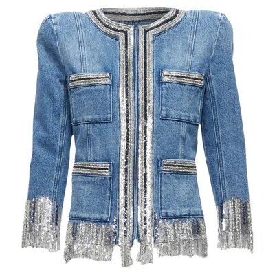 Balmain Washed Cotton Denim Silver Crystal Embellished Trim Jacket In Blue