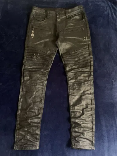Pre-owned Balmain Waxed  Like Biker Skinny Jeans Pierced Punk Studded In Black
