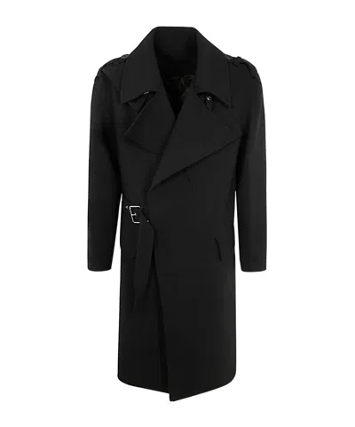 Balmain Belted Wool Trench Coat In Black