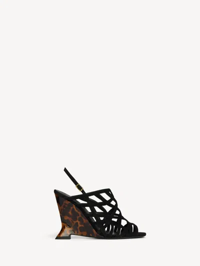 Balmain Wedge Cage Sandals In Suede In Animal Print