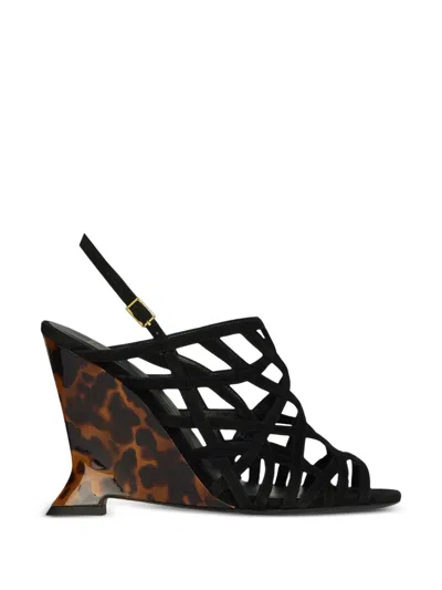 Balmain Wedge Cage Sandals In Suede In Black