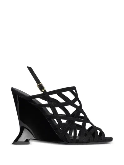 Balmain Wedge Cage Sandals In Suede In Black