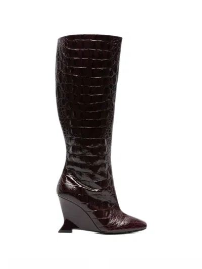 Balmain Wedge Embossed Croco Boots In Brown