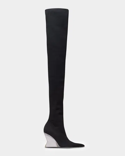 Balmain Knitted Wedge Over-the-knee Boots In Black