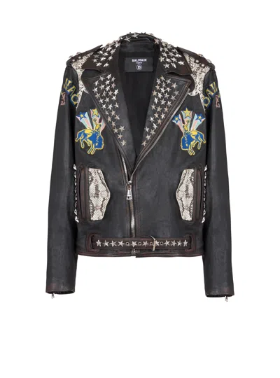 Balmain Western Leather Biker Jacket In Black