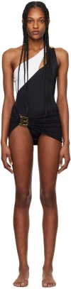 Balmain One-shoulder Colour-block Swimsuit In 110 White/black