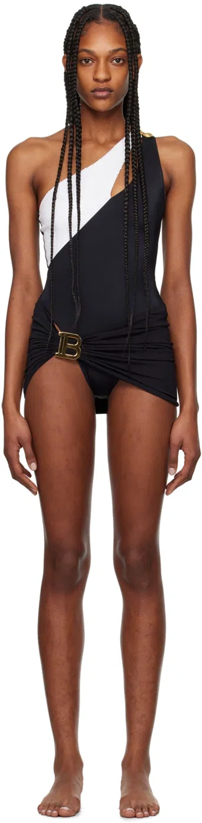 Balmain White & Black Asymmetric One-piece Swimsuit In 110 White/black