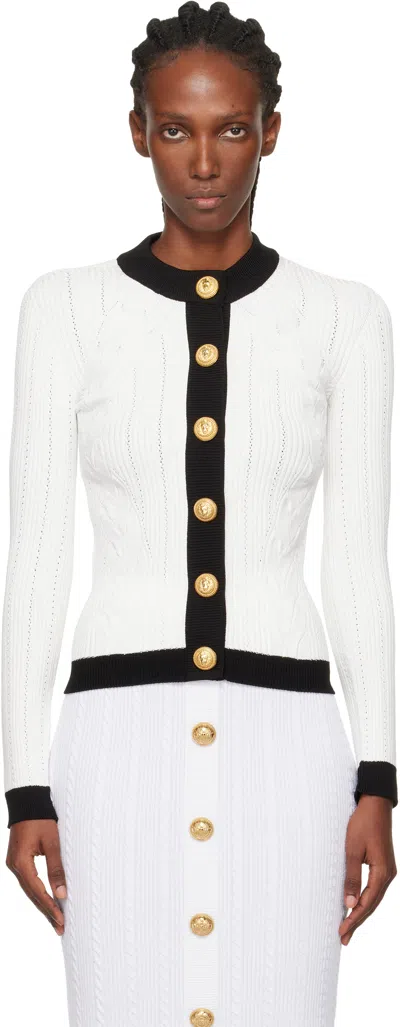 BALMAIN WHITE & BLACK CABLE-KNIT CARDIGAN