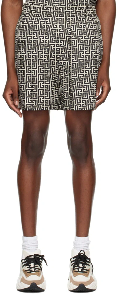 Balmain White & Black Monogram Shorts In Gfe Ivoire/noir