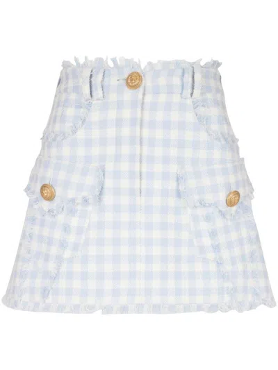 BALMAIN WHITE AND BLUE SKY WESTERN MINI SKIRT