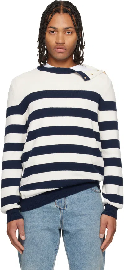 BALMAIN WHITE & NAVY BUTTONED MARINIÈRE KNIT SWEATER