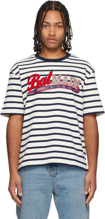 Balmain White & Navy Marinière Baseball Logo T-shirt In Multi