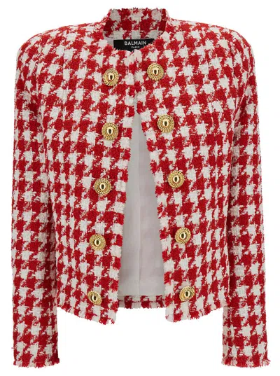 BALMAIN WHITE AND RED JACKET WITH HOUNDSTOOTH MOTIF AND JEWEL BUTTONS IN TWEED WOMAN