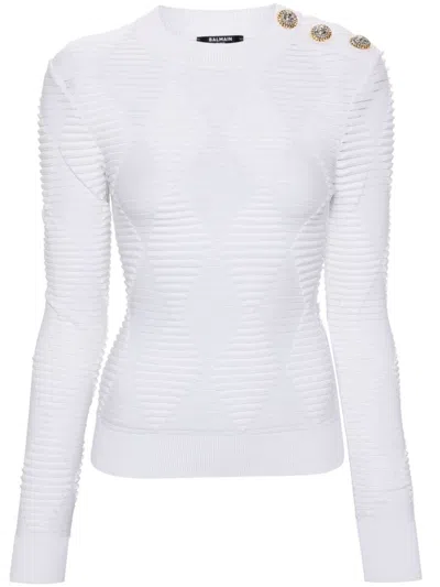 Balmain White Argyle-knit Crew-neck Sweater