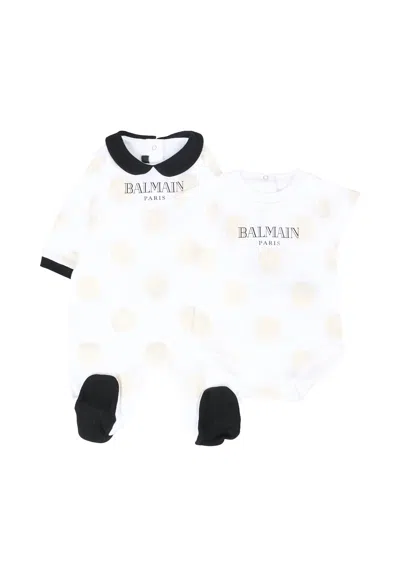 Balmain White Babygrow Set For Babykids With Logo