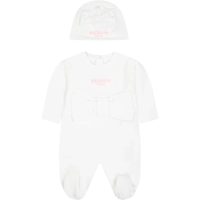 Balmain White Babygrown For Baby Girl With Logo
