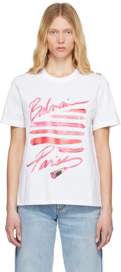 BALMAIN WHITE 'BALMAIN' LIPSTICK PRINT T-SHIRT