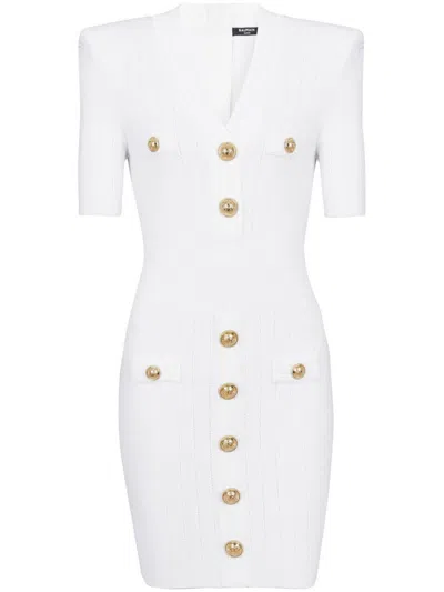 Balmain Embossed Button Short Dress In White
