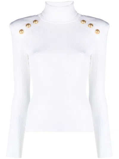 Balmain White Button-embellished Ribbed-knit Jumper For Women