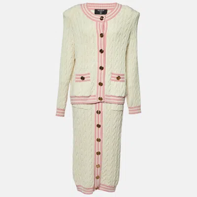 Pre-owned Balmain White Cable Knit Button Front Skirt & Cardigan Set L