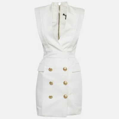 Pre-owned Balmain White Canvas Button Detail Mini Dress S In Transparent