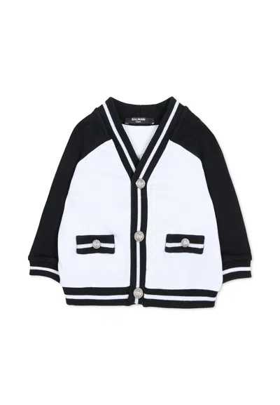 Balmain Kids' White Cardigan For Baby Girl With Logo In Multi