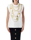 Balmain White Sleeveless Top With Maxi Necklace Print On Front And Rear In Cotton Woman