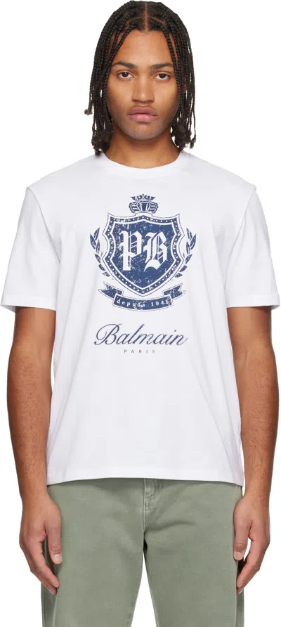BALMAIN WHITE COLLEGE EMBLEM PRINT SHORT-SLEEVED T-SHIRT