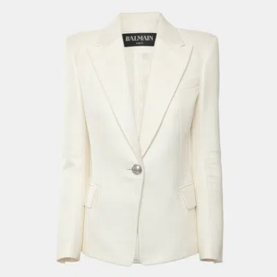 Pre-owned Balmain White Cotton And Silk Woven Single Breasted Blazer S