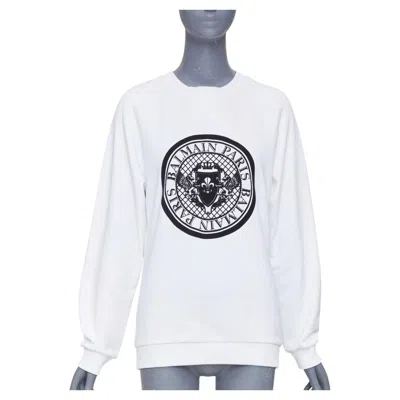 Pre-owned Balmain White Cotton Black Flocked Coin Medallion Logo Print Raglan Sweatshirt
