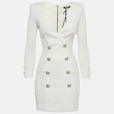 Pre-owned Balmain White Cotton Button Detail Mini Dress S