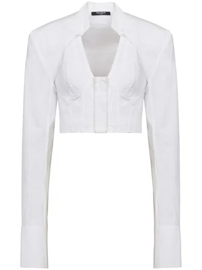 Balmain White Cotton Poplin Cropped Shirt
