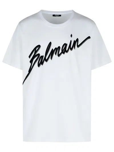 Balmain Men White Crewneck T-shirt With Maxi Logo Lettering On The Front In Cotton Man