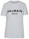 Balmain White Crewneck T-shirt With Logo Print And Golden Buttons In Jersey Woman In White