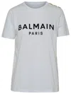 Balmain White Crewneck T-shirt With Logo Print And Golden Buttons In Jersey Woman