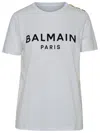 Balmain White Crewneck T-shirt With Logo Print And Golden Buttons In Jersey Woman