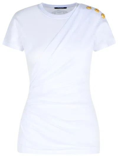 Balmain Cotton T-shirt With Button Detail And Draped Design In White