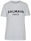 Balmain White Crewneck T-shirt With Logo Print And Golden Buttons In Jersey Woman In White