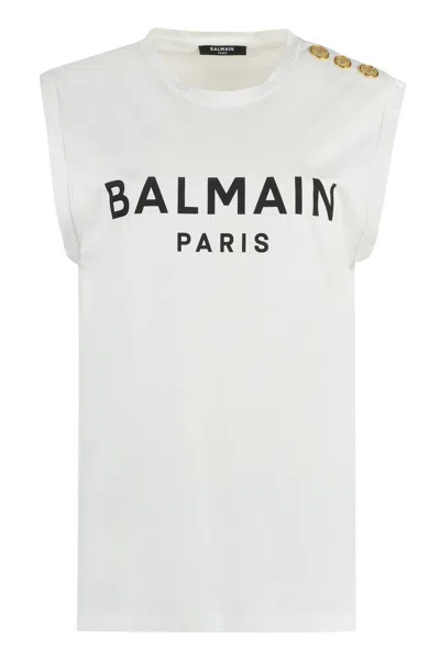 BALMAIN WHITE COTTON TANK TOP WITH EMBELLISHED BUTTONS AND RIBBED NECKLINE FOR WOMEN