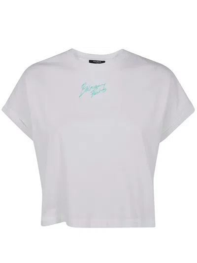 Balmain White Cotton T-shirts Cropped Sleeve In Blue
