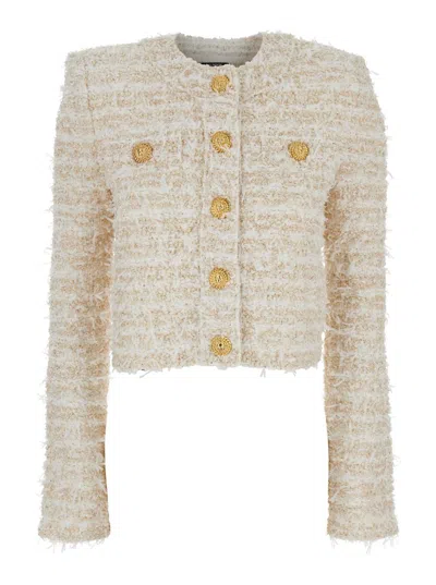 Balmain White Crewneck Cardigan With Jewel Buttons In Tech Fabric Woman In Neutral