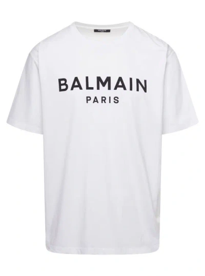 Balmain White Crew Neck T-shirt With Logo Print On The Chest In Cotton Man