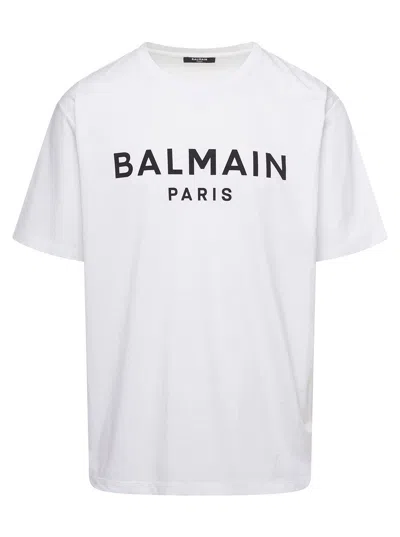 Balmain White Crewneck T-shirt With Contrasting Logo Lettering Print In Cotton Man
