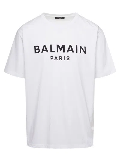 Balmain White Crewneck T-shirt With Contrasting Logo Lettering Print In Cotton Man