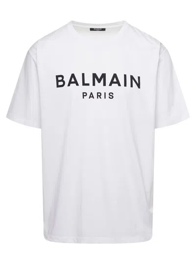 BALMAIN WHITE CREWNECK T-SHIRT WITH CONTRASTING LOGO LETTERING PRINT IN COTTON MAN