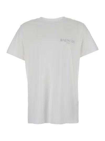Balmain White Crewneck T-shirt With Logo Lettering On The Front In Cotton Man